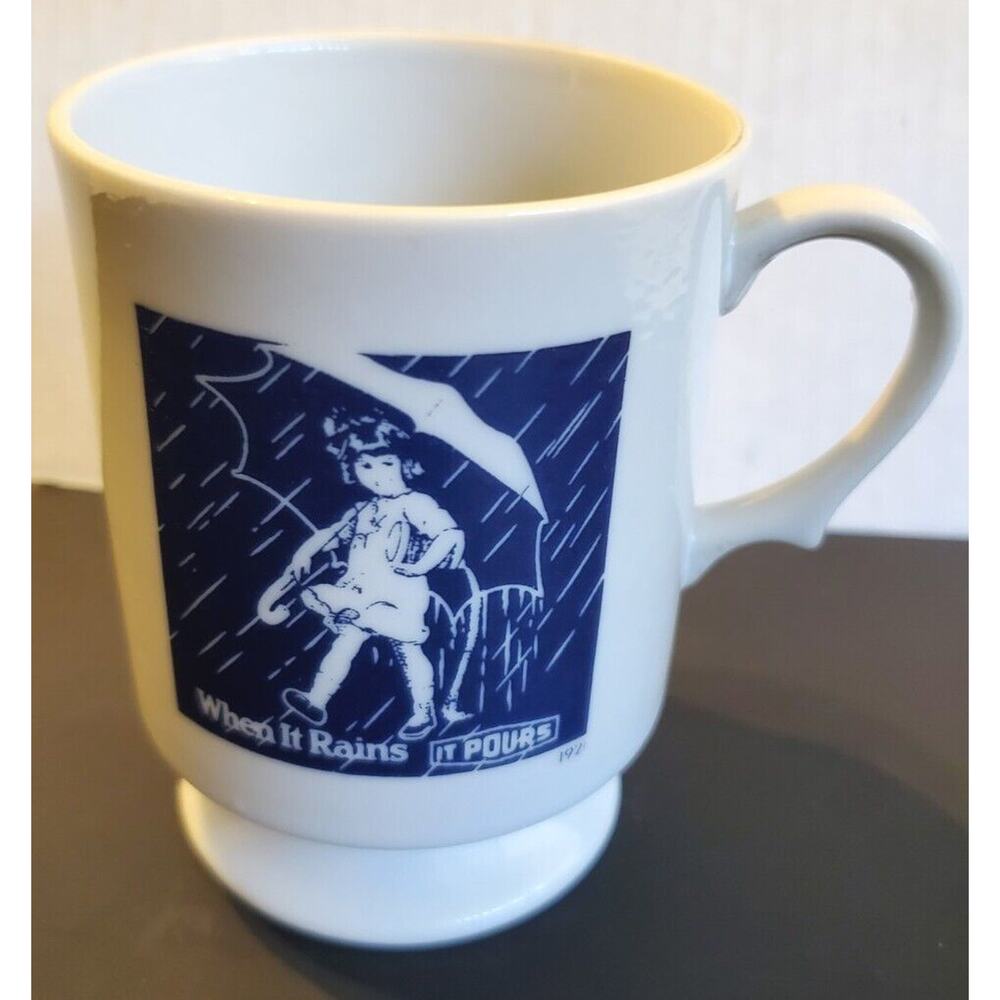 Morton Salt collectible footed coffee mug 1921 "When it Rains it Pours" Ad